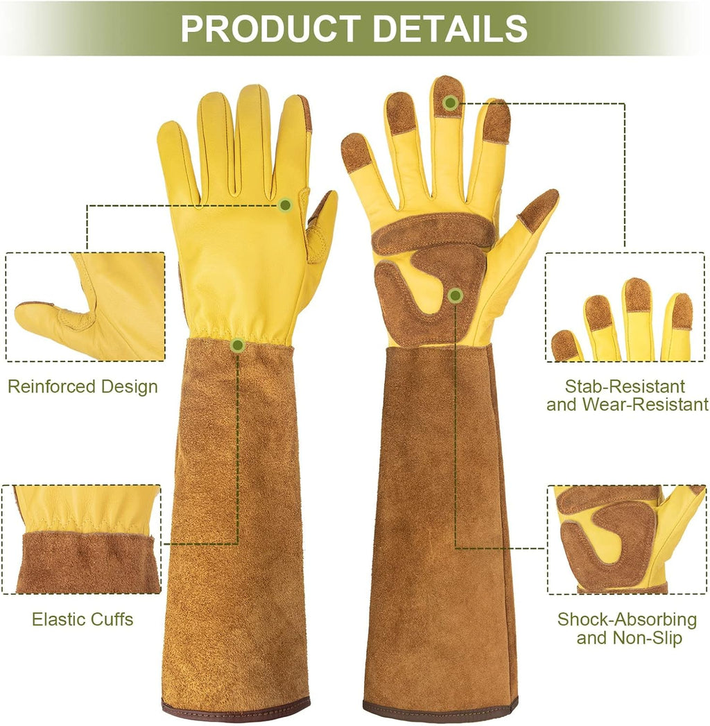 Long Gardening Gloves for Women Thorn Proof,Rose Pruning Cowhide Leather Garden Glove for Cactus, Rose and Blackberry