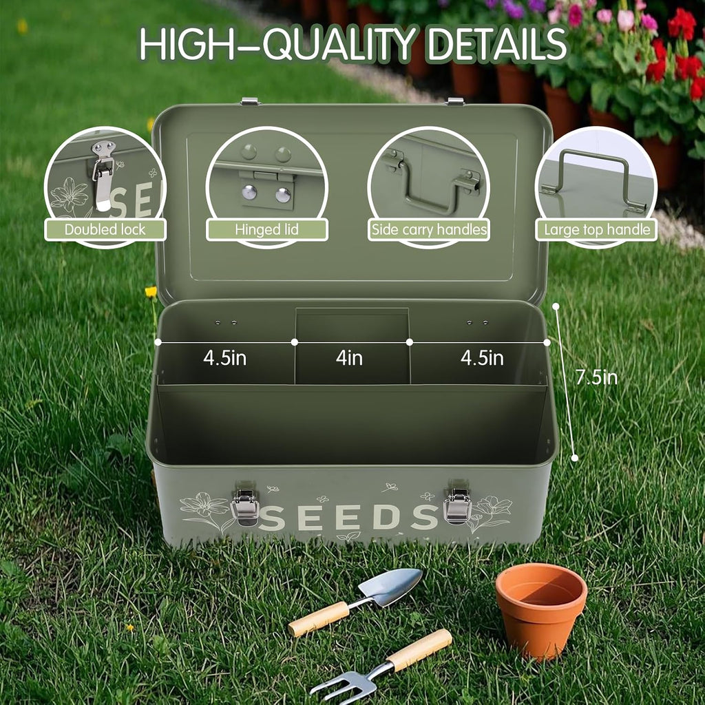 Seed Storage Organizer with Lid, Metal Seed Bin Seed Packet Container | 100 Plant Labels, 50 Seed Envelopes, 50 Plant