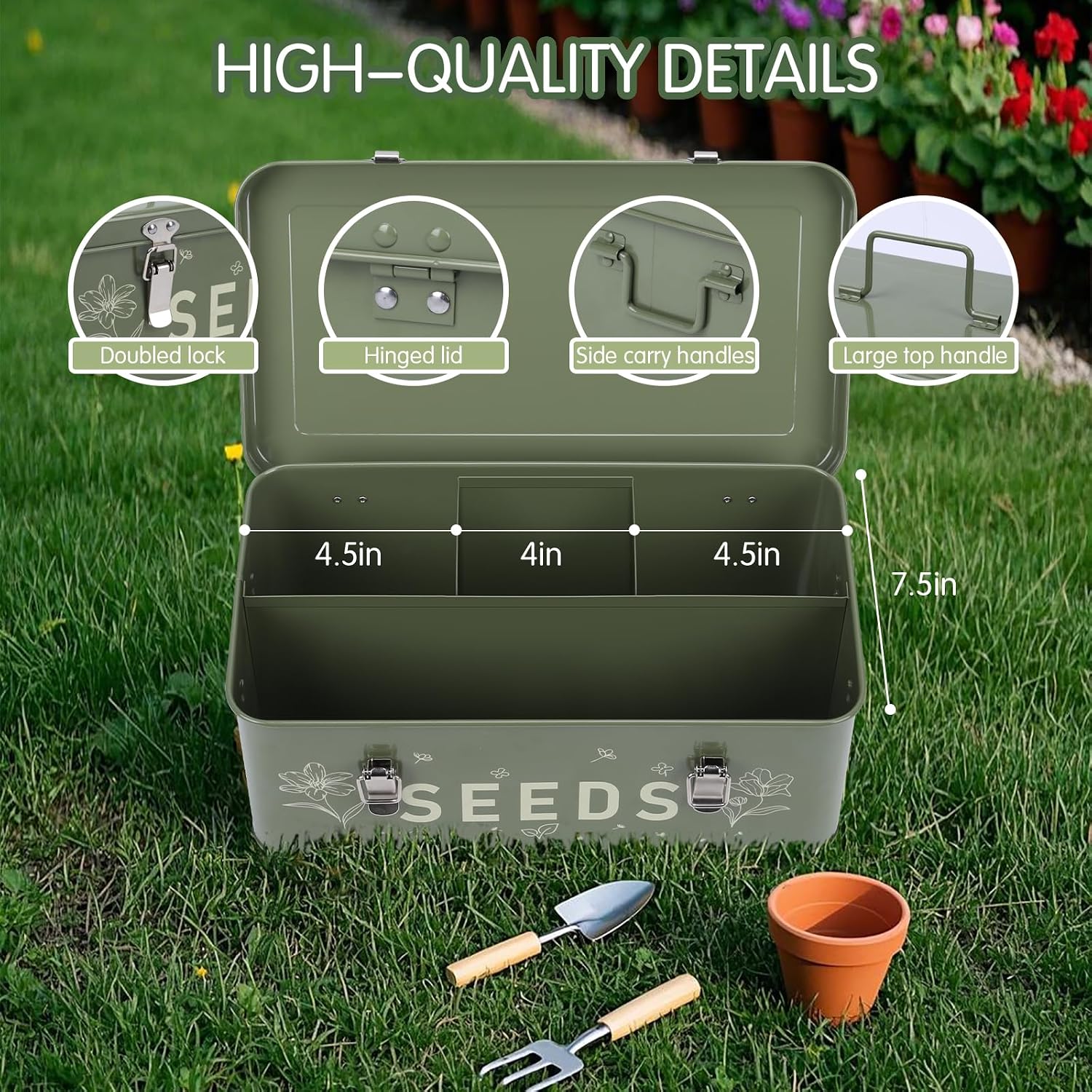 Seed Storage Organizer with Lid, Metal Seed Bin Seed Packet Container | 100 Plant Labels, 50 Seed Envelopes, 50 Plant