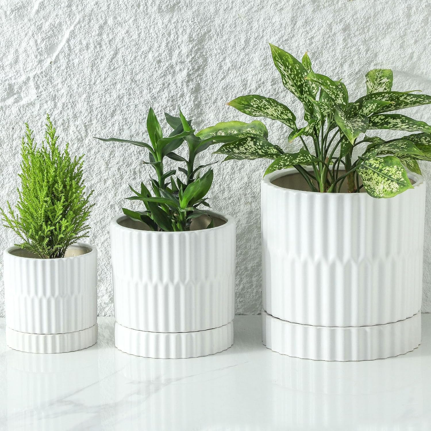 HASENSE Plant Pots - 8+6+4.6 Inch White Vertical Textured Ceramic Planters Set of 3 with Drainage Hole, Decorative