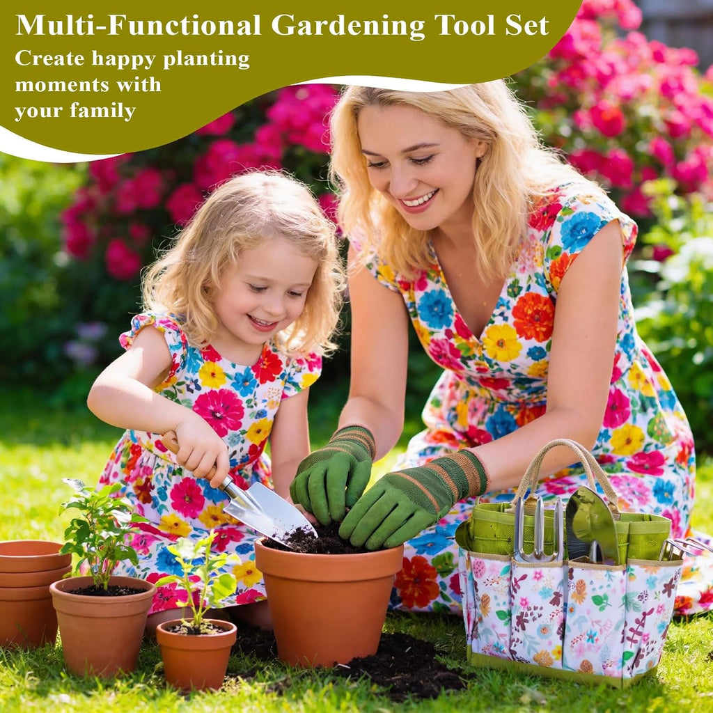 15-Piece Garden Tool Set for Women, Heavy Duty Gardening Kit with Floral Garden Bag, Steel Garden Hand Tools, Plant