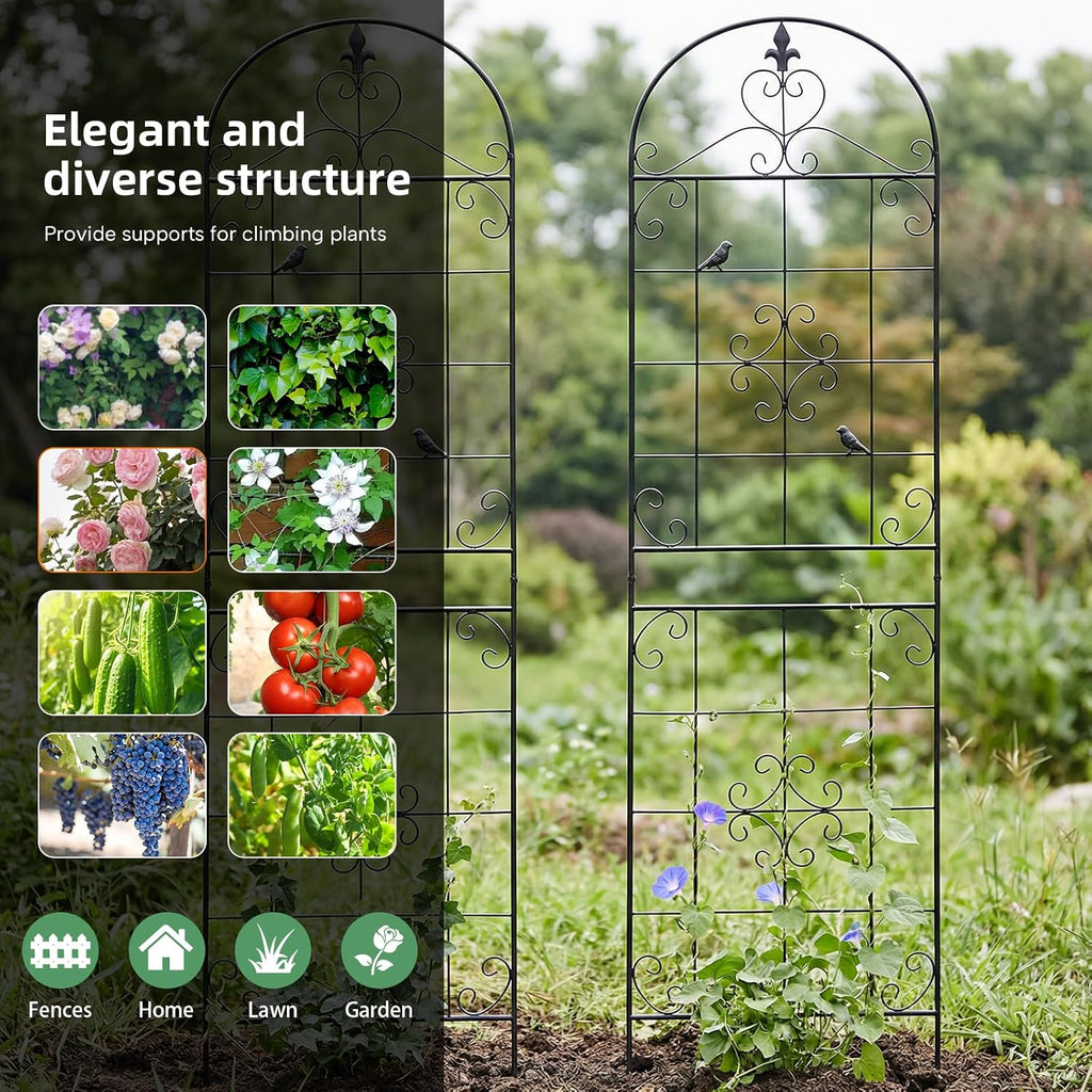 70.8" Black Metal Garden Trellis for Climbing Plants, 2 Pack | Rustproof steel lattice supports roses, clematis