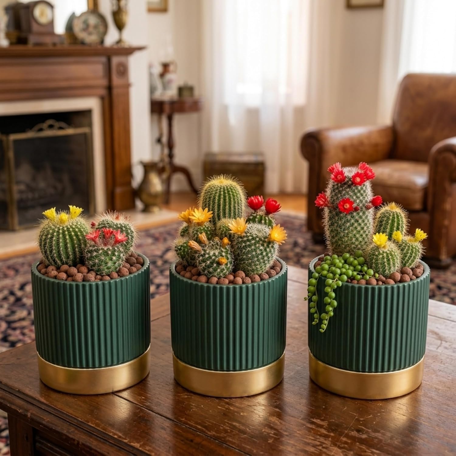 3-Pcs 4 Inch Cement Planters Set - Vintage Ribbed Flower Pots with Gold Rim and Drainage Holes, Modern Ceramic