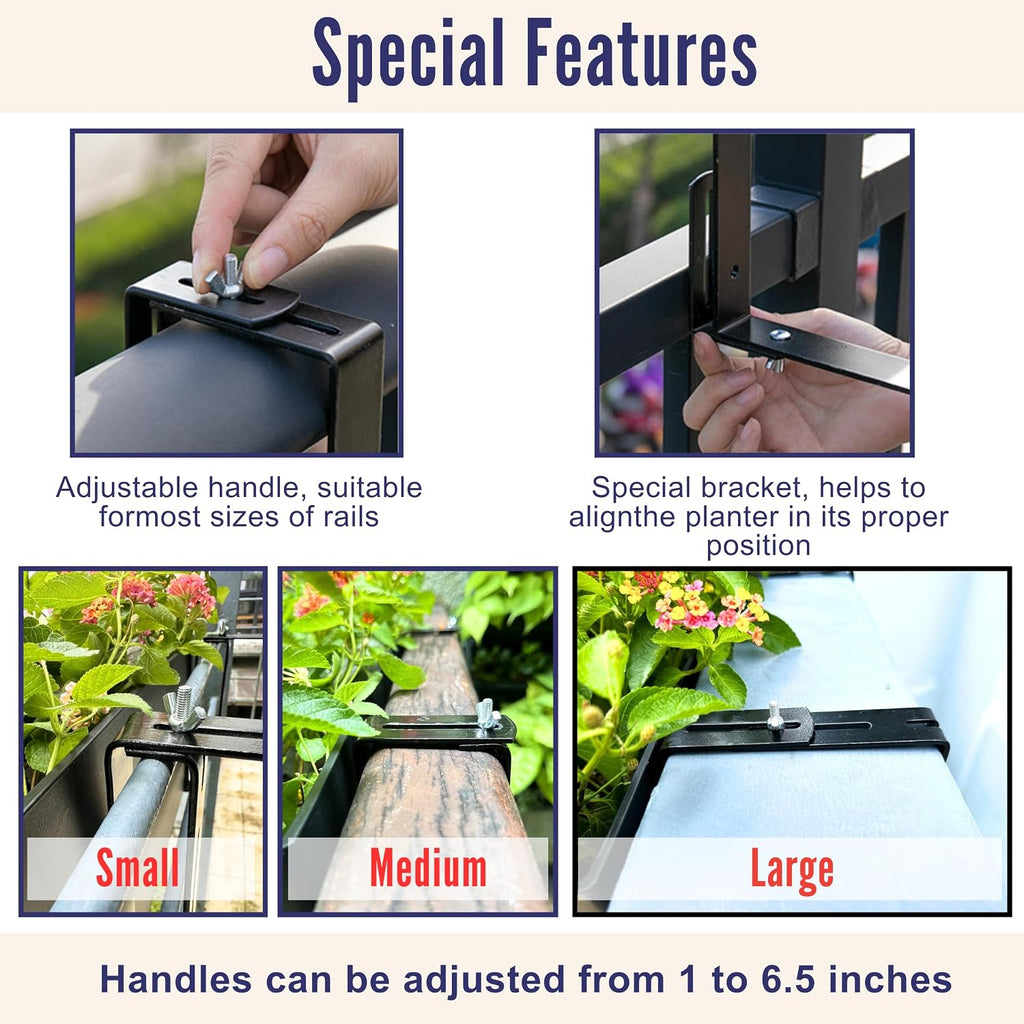 LaLaGreen Railing Planter Boxes (16 Inch, 2 Pack) Black Rectangular Plastic Window Box Planters with Self-Watering