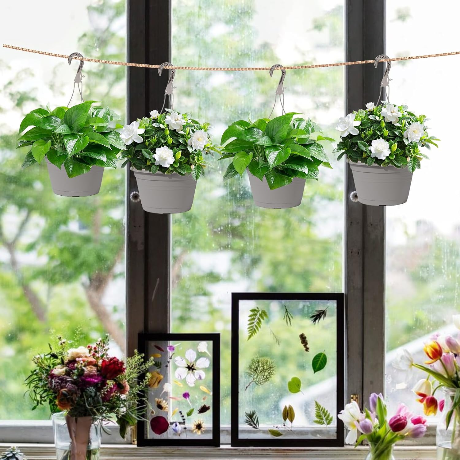 4 Pcs Hanging Planters,10" Hanging Pots Plastic Hanging Flower Plant Basket with Drainage Trays & Chain Holder for