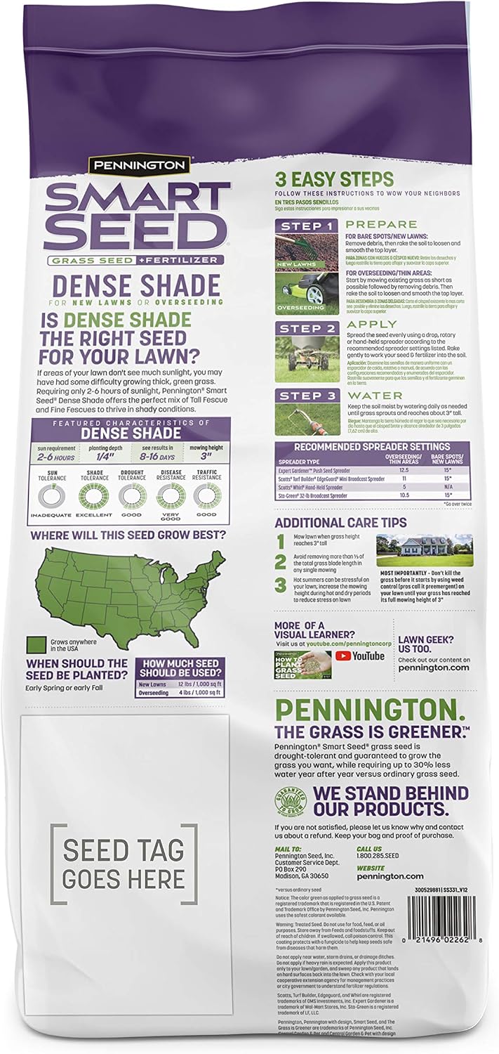 Pennington Smart Seed Dense Shade Mix, Grass Seeds for Lawn, 4/7 lb