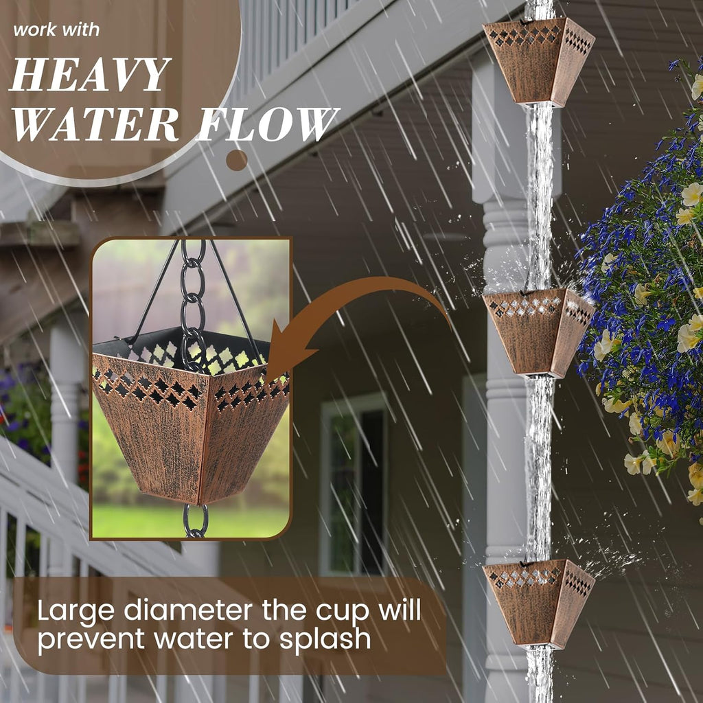 Square Rain Chain Gutter Downspout Copper Rain Chains for Gutters with 12 Cups, Adjustable Rain Catcher Chain with Bell
