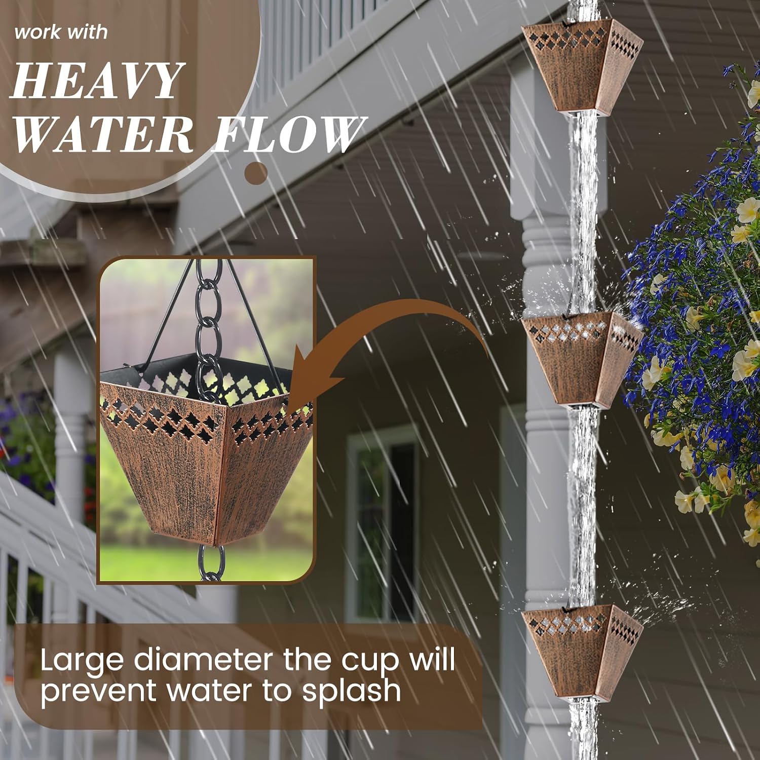 Square Rain Chain Gutter Downspout Copper Rain Chains for Gutters with 12 Cups, Adjustable Rain Catcher Chain with Bell
