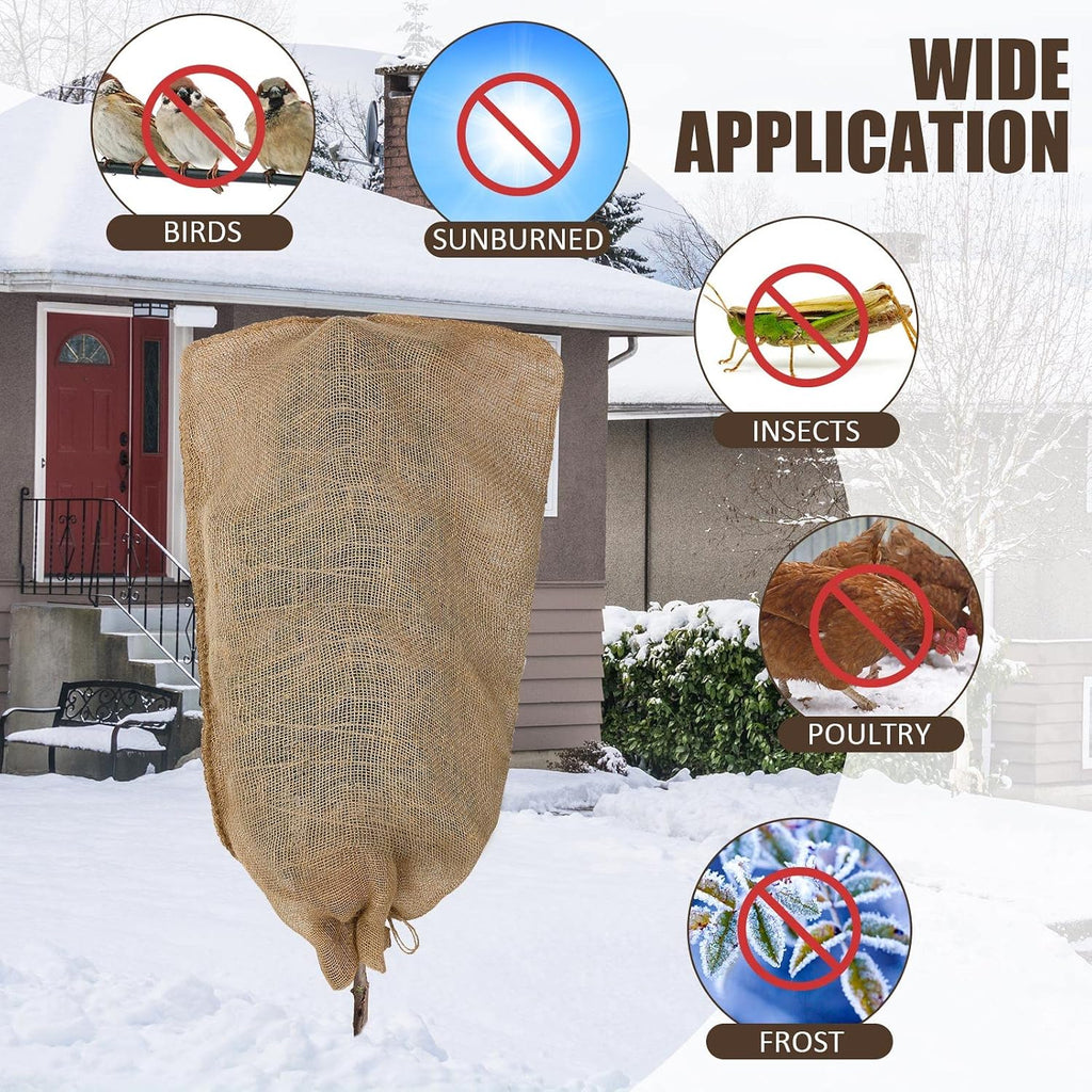 Woanger 6 Pcs 40" x 24" Reusable Winter Burlap Plant Covers Bags Warm with Drawstring Large Sack Plant Blanket Burlap