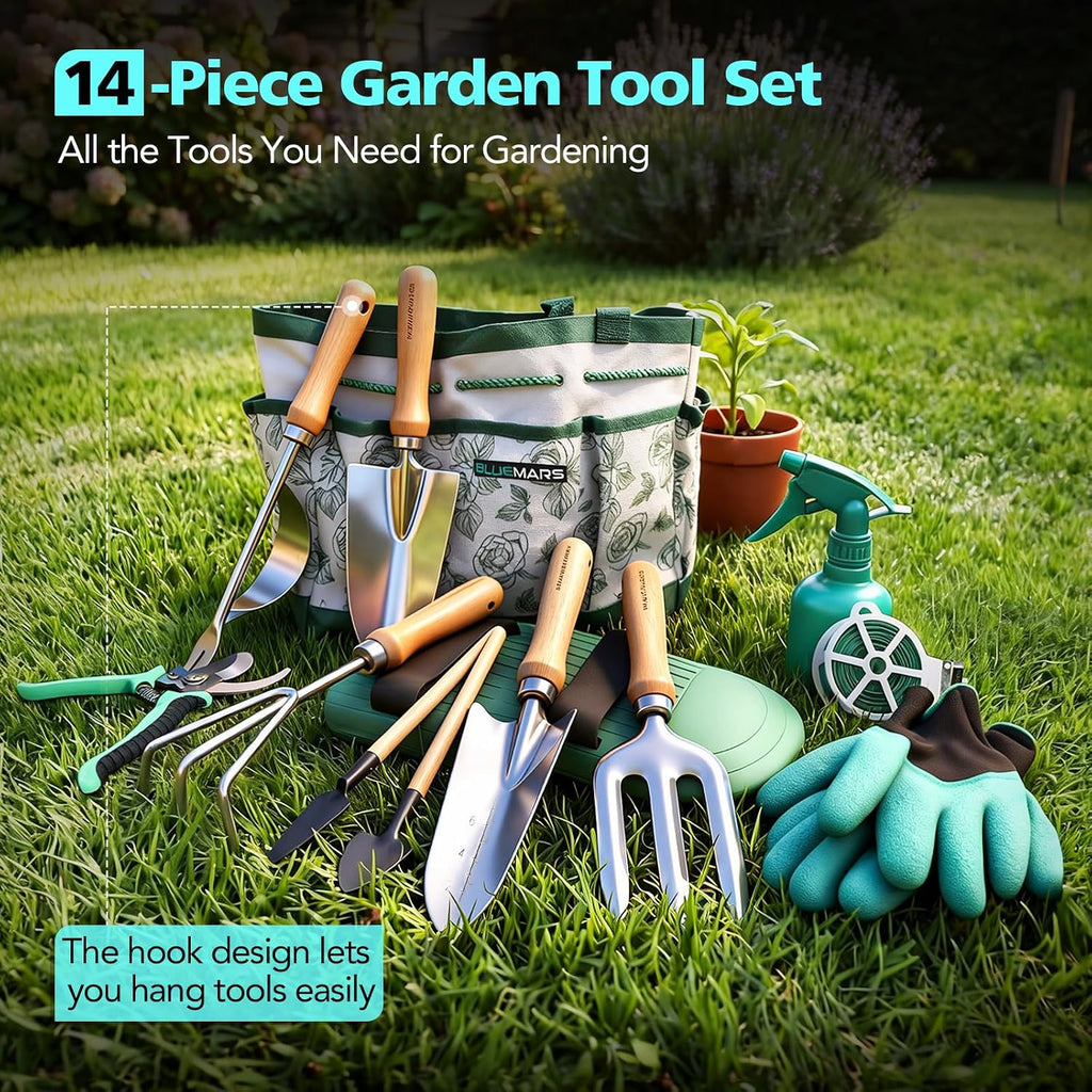 Bluemars Gardening Hand Tool Kit 14PCS Heavy Duty Stainless Steel Garden Tool Set with Floral Garden Tote -Outdoor