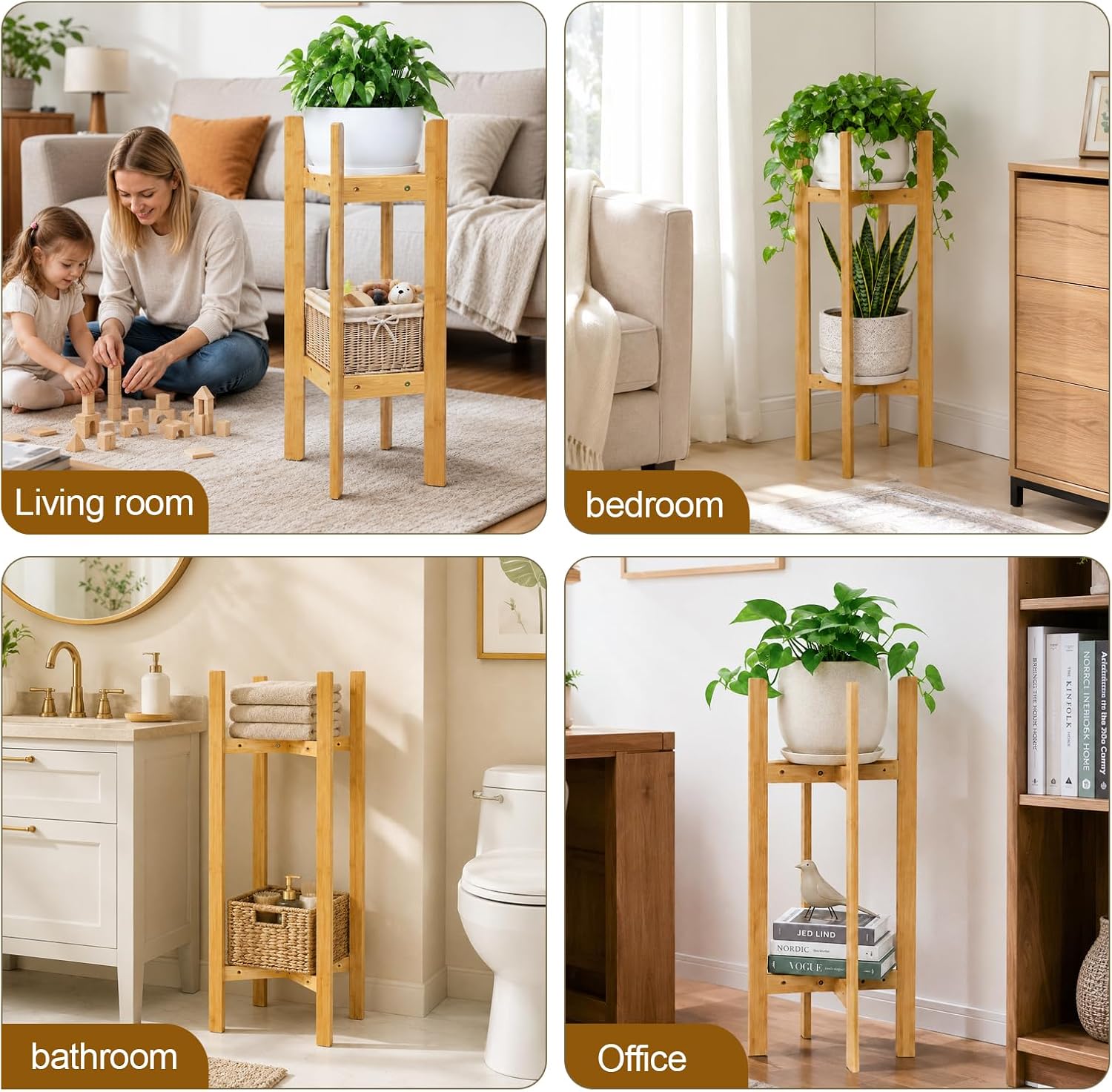 35.4” 2 Tier Bamboo Adjustable Tall Plant Stand Indoor Fits 5-12 Inch Pots | Heavy Duty ,Space-Saving ,Sturdy Corner