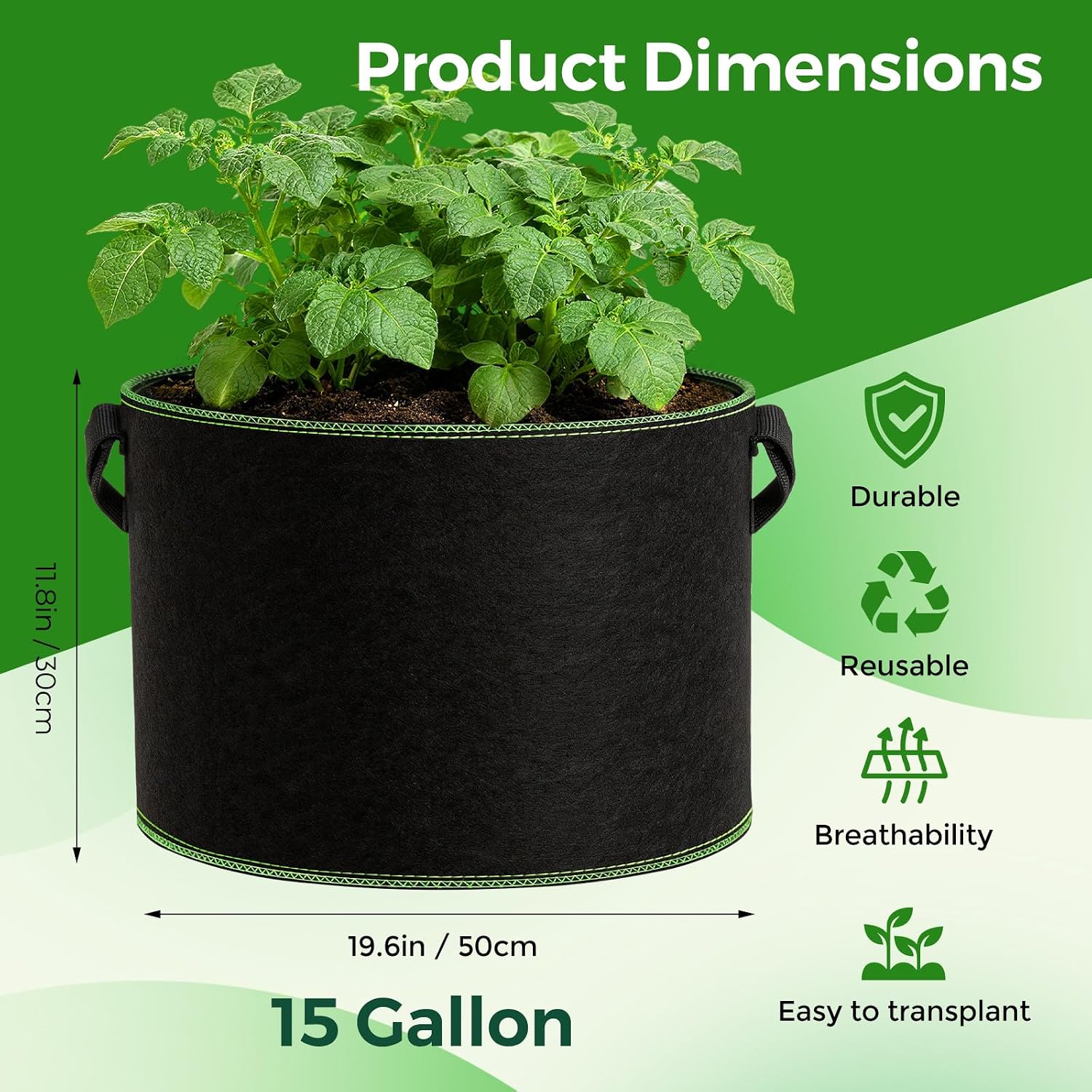 CHRORINE 6-Pack 15 Gallon Grow Bags 300G Thickened Aeration Fabric Pots with Handles Suitable for Planting Plants