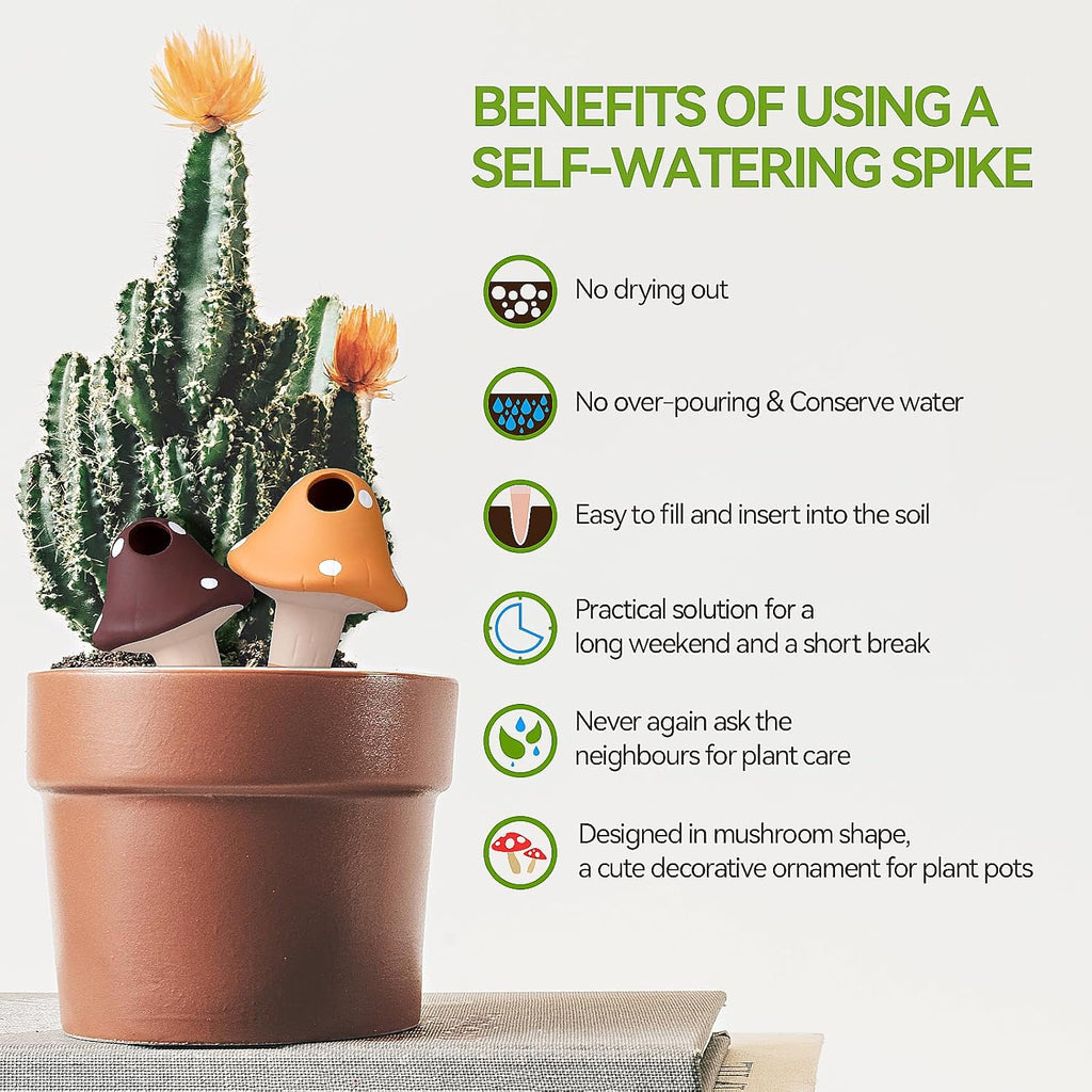 KBCSUN Self Watering Spikes Mushroom Shape, 4 Pack Self Watering Globes Terracotta Plant Watering Stakes for Indoor