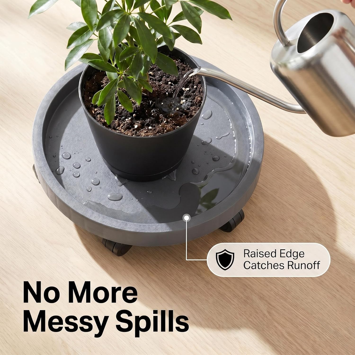 2 Pack of 14.2 Inch Planter Caddies Rolling Saucer Caddy with Wheels, Heavy Duty Wheeled Stand for Potted Plant, Round