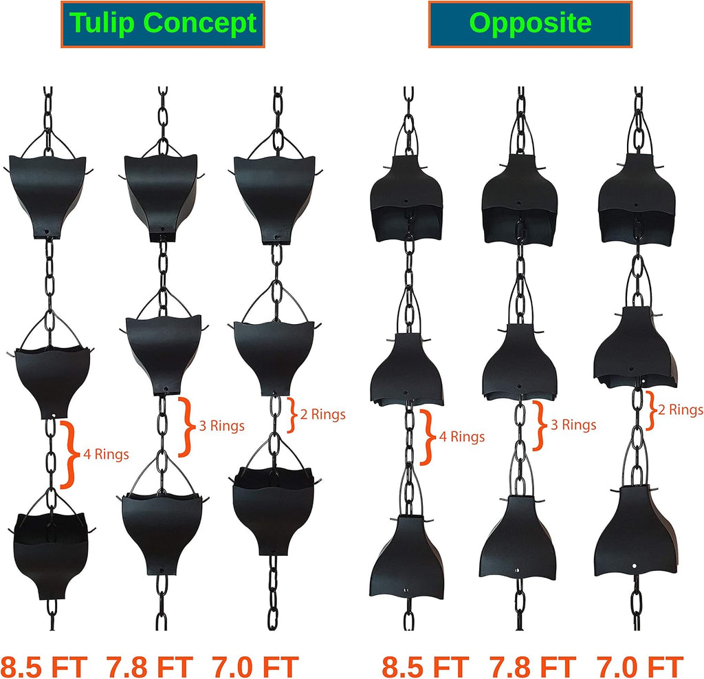 8.5FT Tulip Iron Rain Chain for Gutters and Rain Barrel, Black | Rain Chains for Downspout, Rust-Prevent Plated, Thick