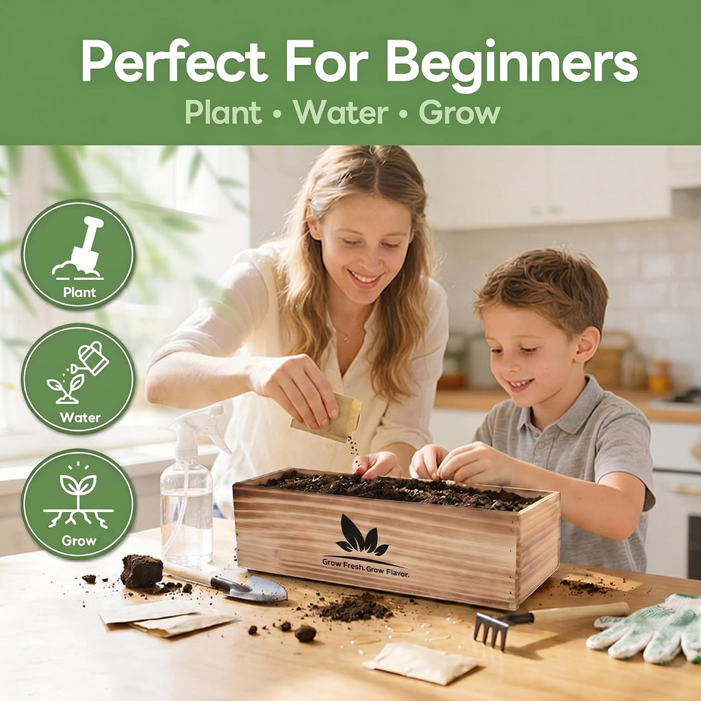 Indoor Herb Garden Starter Kit, Unique Gifts 5 Herb Garden Planter Indoor Kit with Wooden Box Including Basil