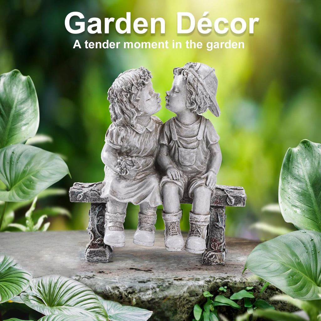 Lily's Home 8.25-Inch First Kiss Statue - Resin Garden Decor for Outside - Outdoor and Garden Decorations - Little Girl
