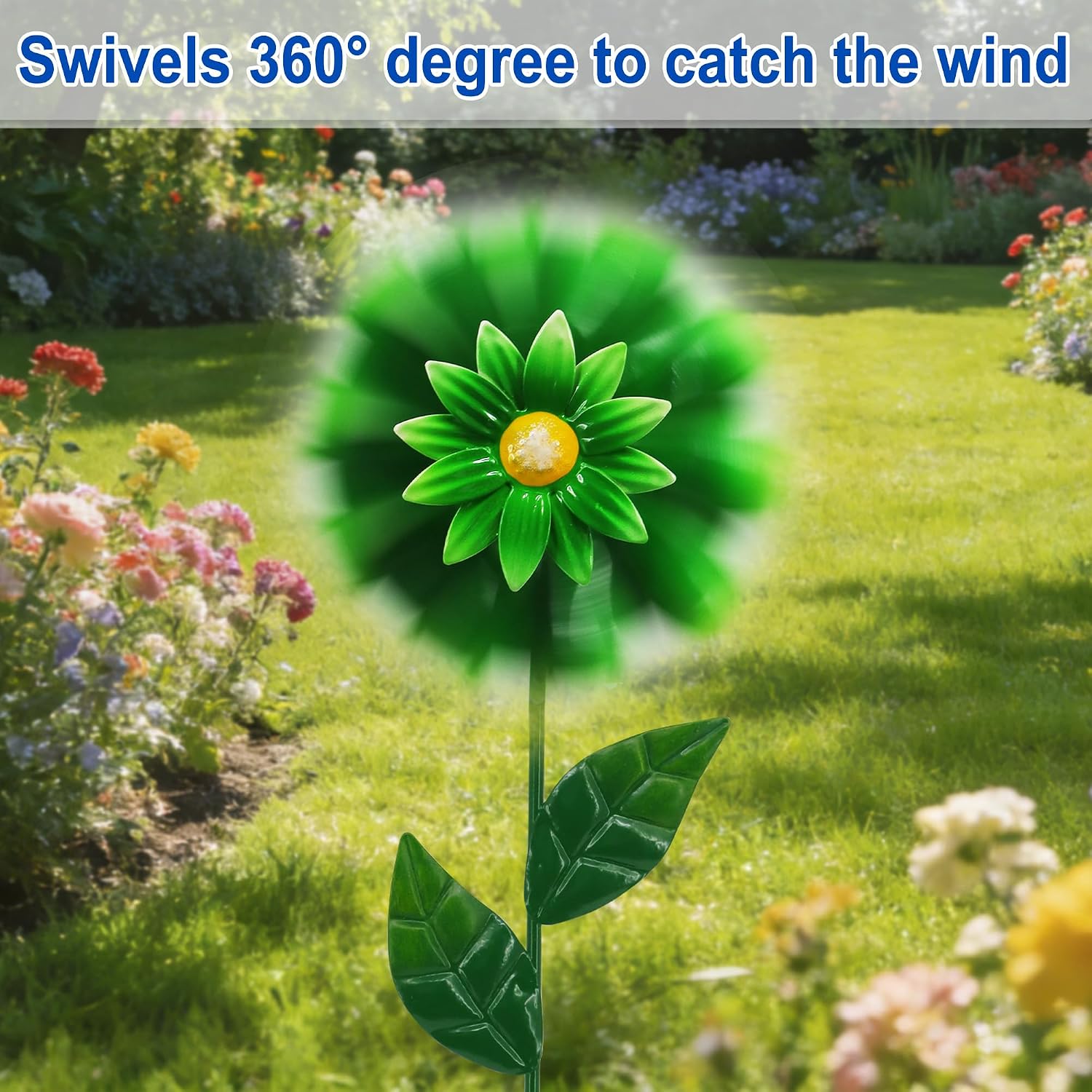 3 Pack Metal Flower Wind Spinners, Kinetic Garden Stakes with H-Base, Colorful 3D Floral Windmills for Yard, Patio