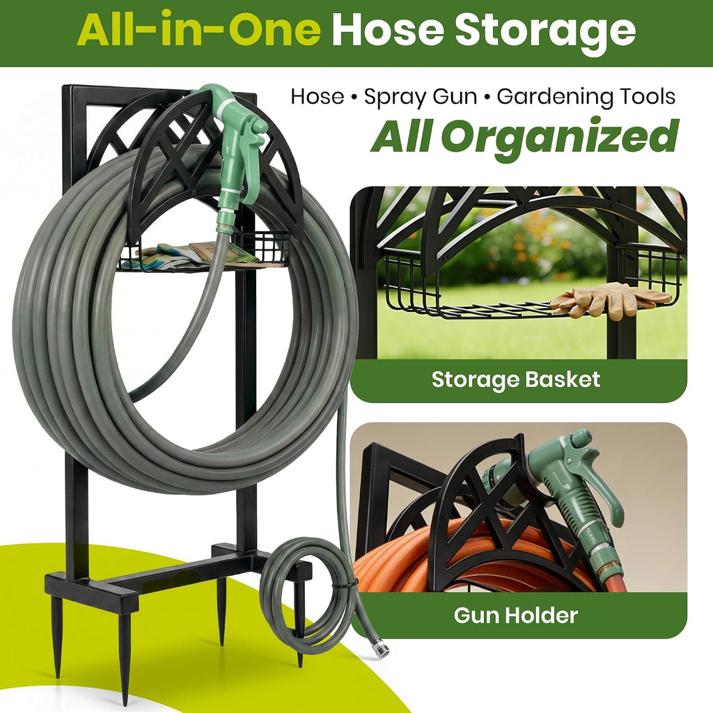 Oriva Garden Hose Holder Stand, Freestanding Water Hose Holder for Outside, Heavy Duty Metal Hose Hanger w/ 4-Spike