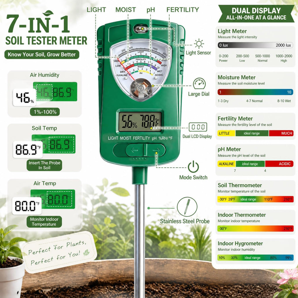 7-in-1 Soil Test Kit with 90° Rotatable Head, Soil Tester for Moisture/pH/Light Intensity/Fertility, Digital Screen for