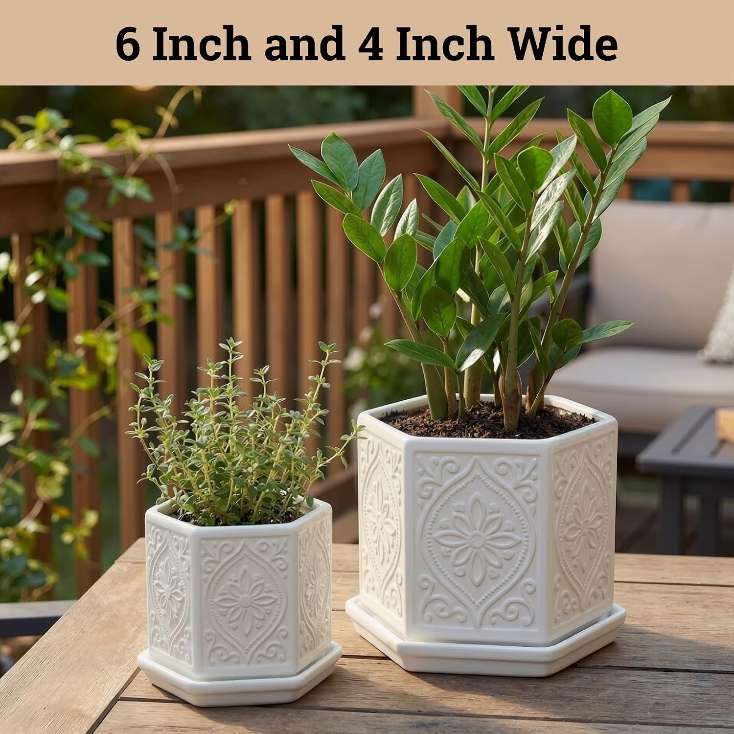 Ceramic Pots for Plants Set of 2, 6-Inch & 4-Inch Wide w/ Drainage & Saucer | Thick Durable Ceramic Pots with Matching