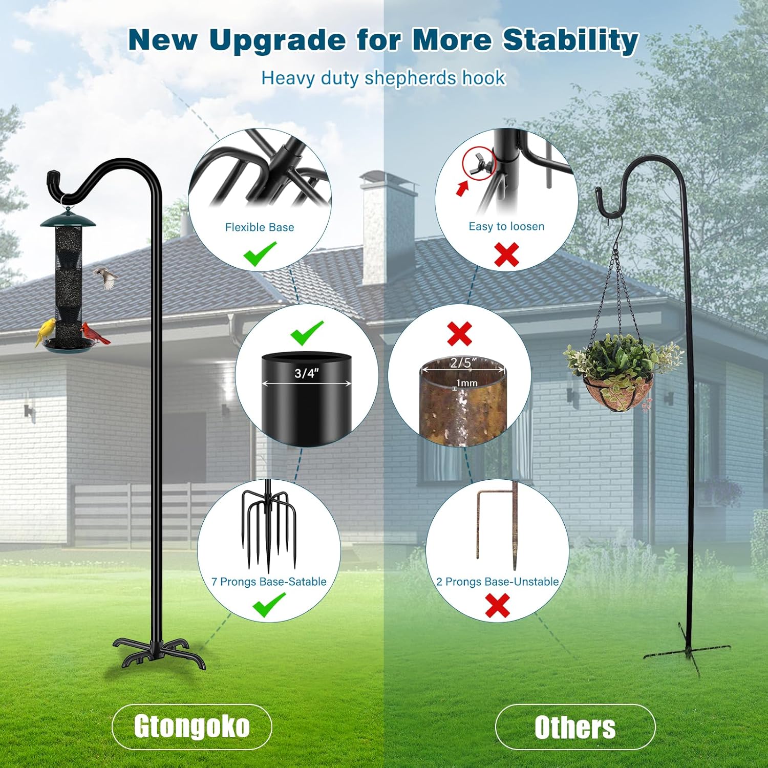 Gtongoko Adjustable Shepherds Hooks for Outdoor 76 Inch Bird Feeder Pole with 7 Prongs Base, 3/4 Inch Thick Heavy Duty