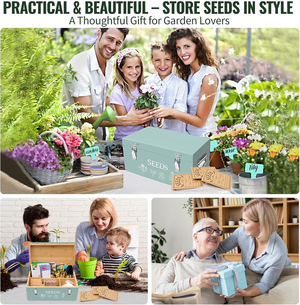 Large Bamboo Wood Seed Storage Organizer Box with Lid, Double-Layer Seal Design Seed Saving Box with 304 Stainless
