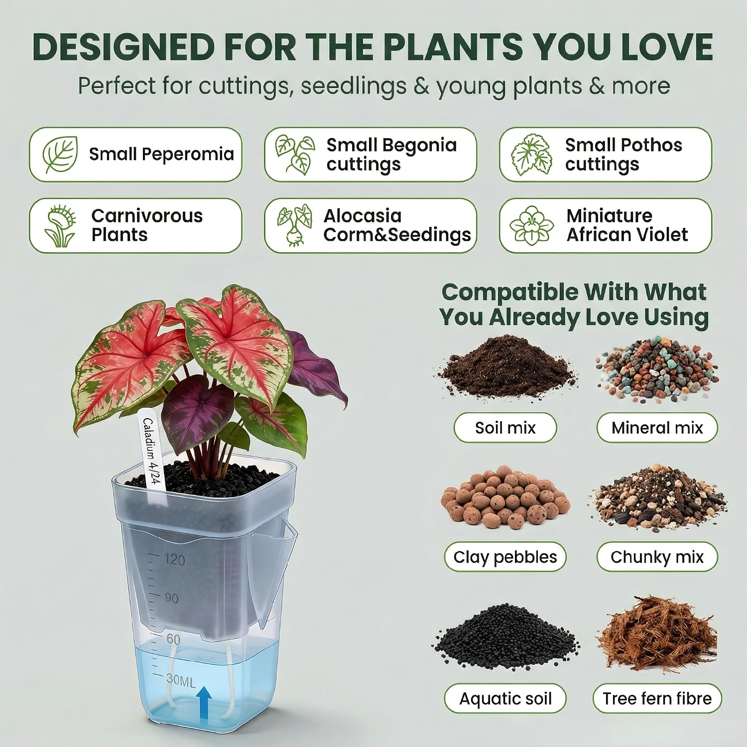 20 Pack Self-Watering Pots, 2 & 2.5 Inch Nursery Planters | Clear semi hydroponic pots with drainage holes, ideal for