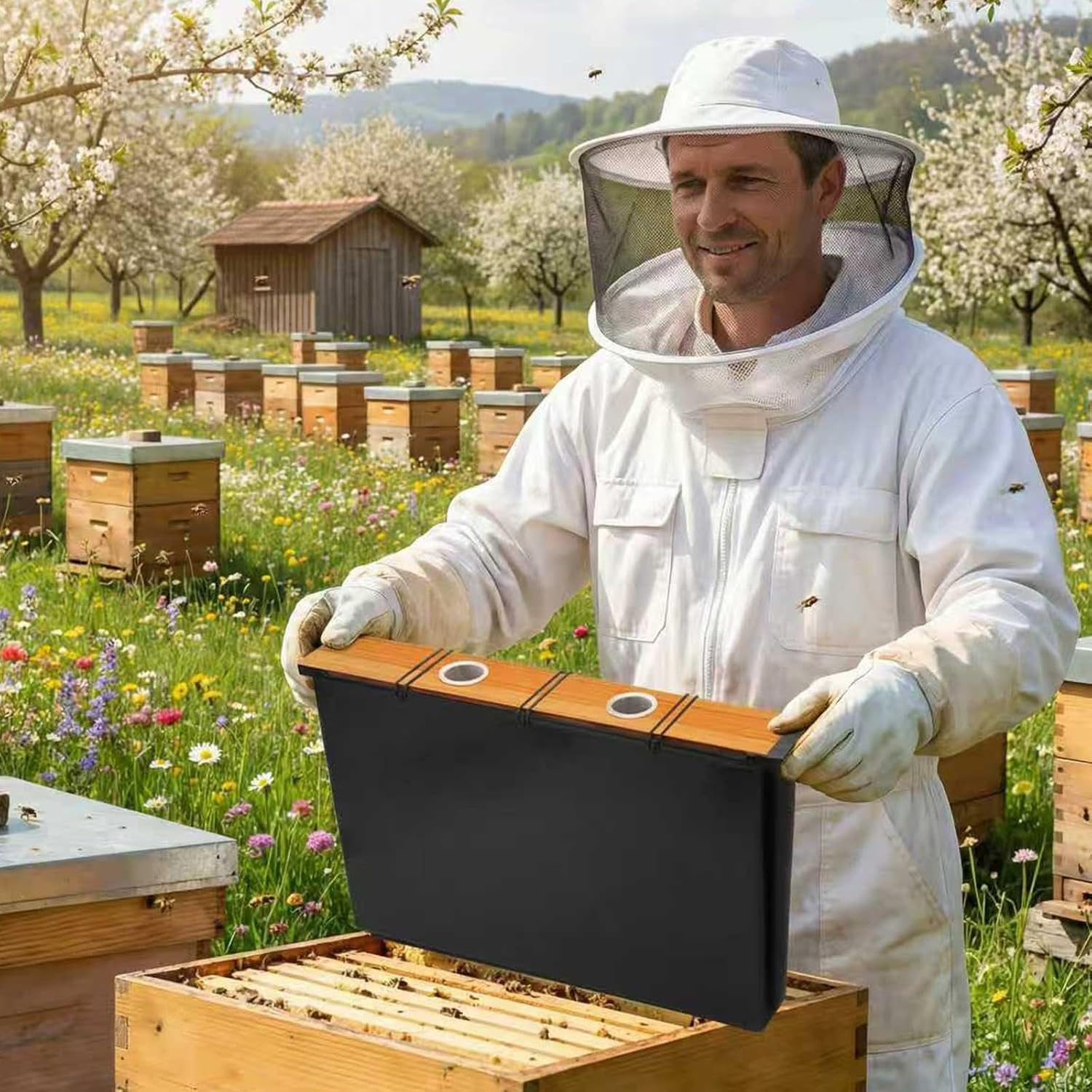 Beehive Frame Feeder 2Pcs 6.5L Beeswax-Treated Wood | In-Hive Frame Feeder, 6 Safety Islands Prevent Drowning, 12