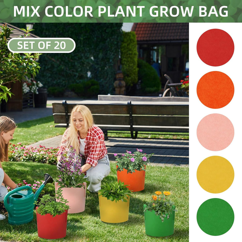 20 Pack 10 Gallon Grow Bags, Colorful Potato Plant Grow Bags with Handles, Nonwoven Fabric Garden Pots for Vegetable