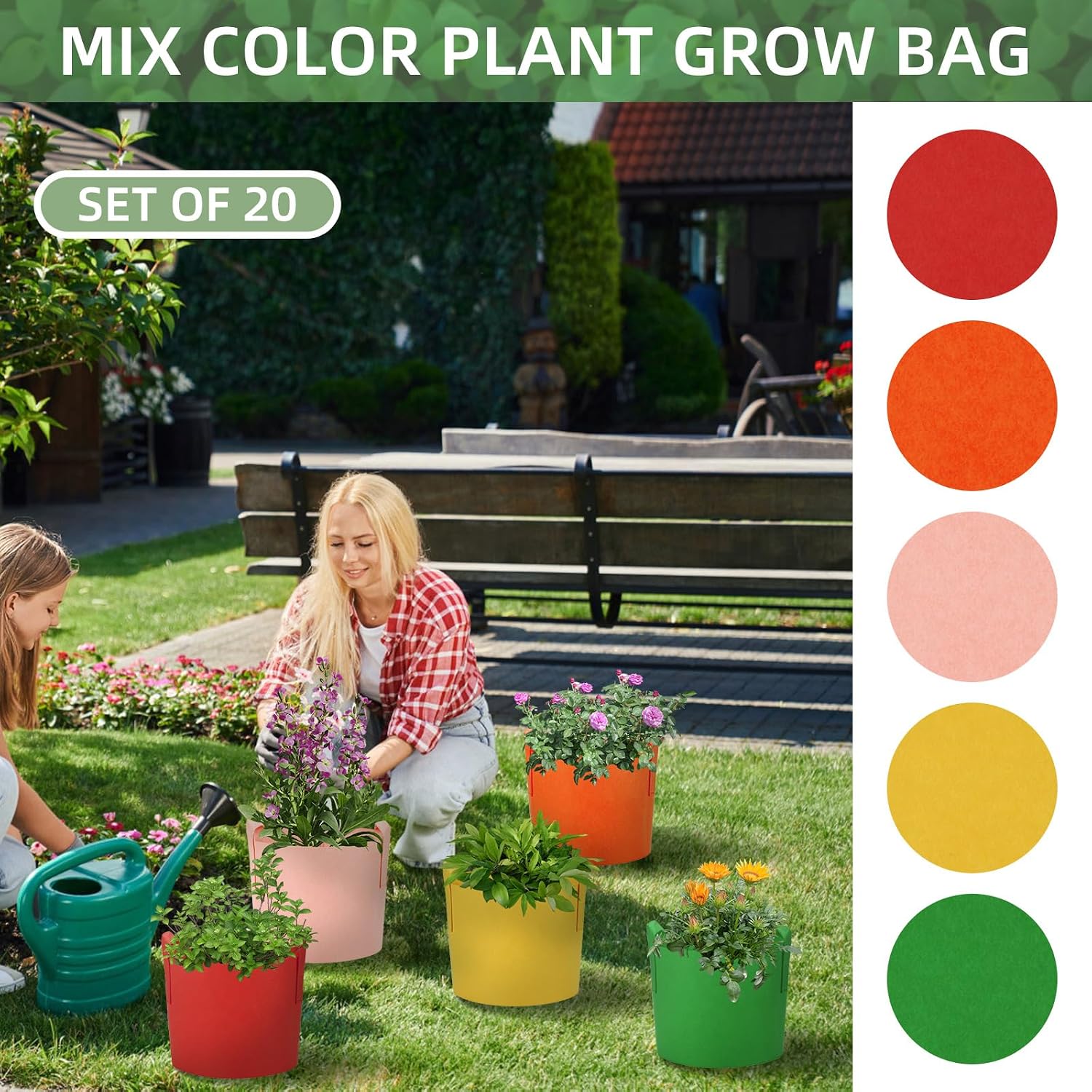 20 Pack 10 Gallon Grow Bags, Colorful Potato Plant Grow Bags with Handles, Nonwoven Fabric Garden Pots for Vegetable
