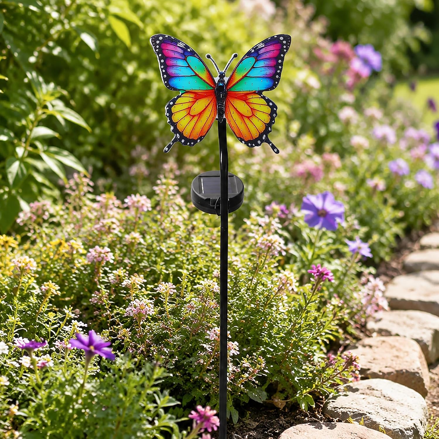 Solar Butterfly Garden Stake Light, 39.4" Outdoor Solar Garden Decor Light, Rainbow Glow Acrylic Butterfly, Auto On/Off