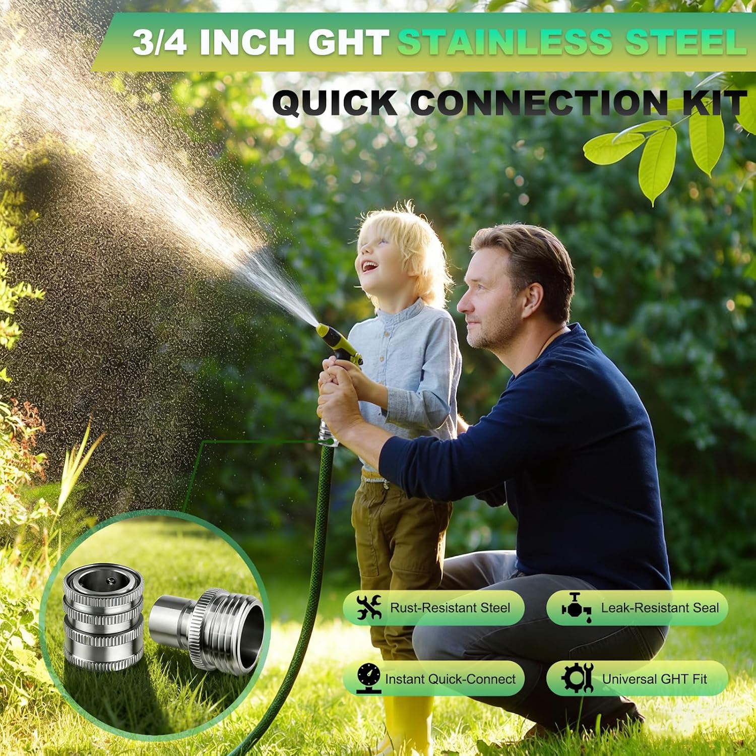 5 Sets 3/4 GHT Stainless Steel Garden Hose Quick Connect Fittings Set | 5 Female Couplers & 5 Male Adapters