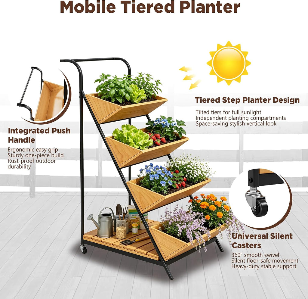 4-Tier Vertical Garden Planter Outdoor Tiered Planter on Wheels | Raised Garden Bed for Climbing Plants, Vegetables