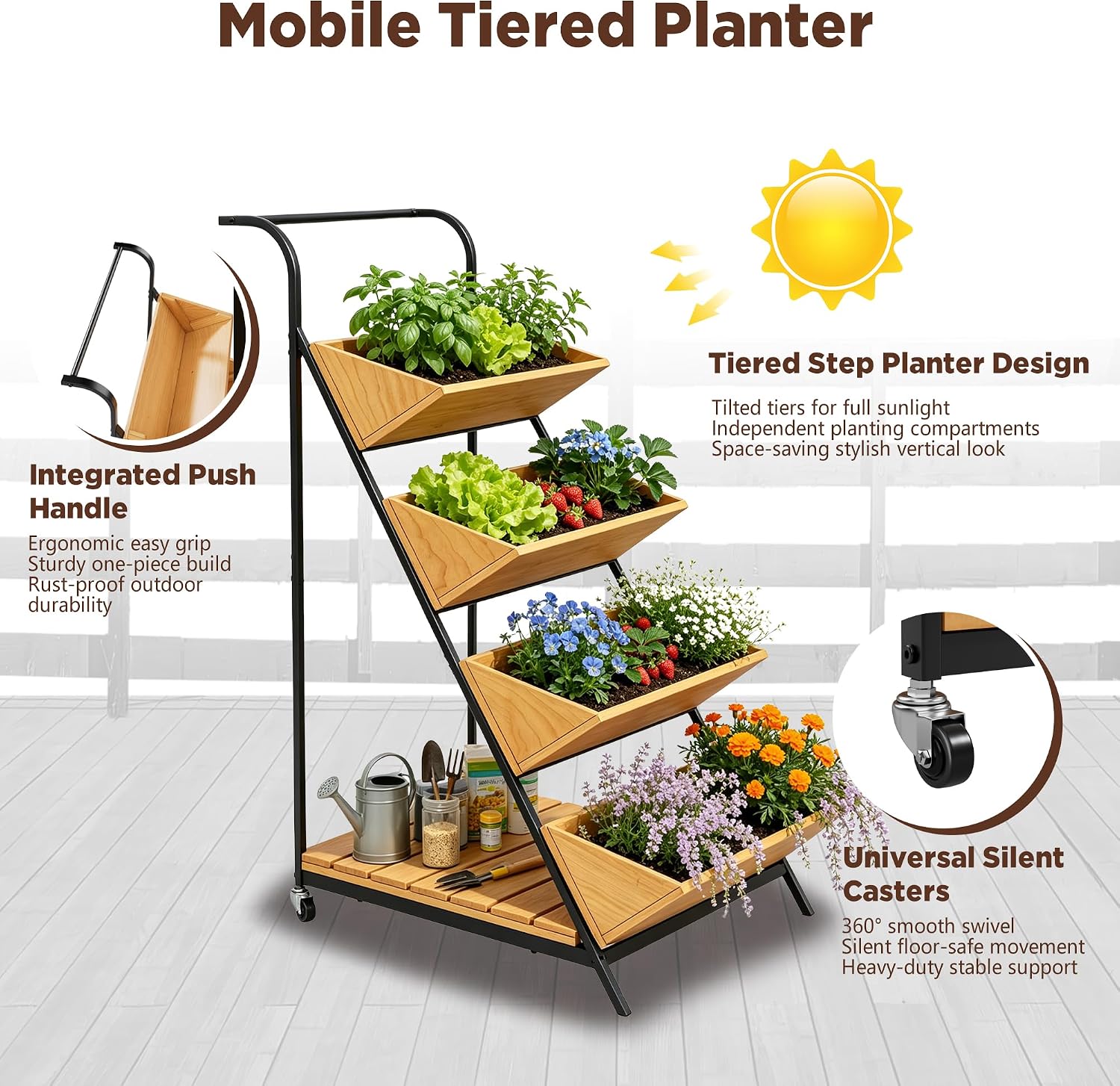 4-Tier Vertical Garden Planter Outdoor Tiered Planter on Wheels | Raised Garden Bed for Climbing Plants, Vegetables