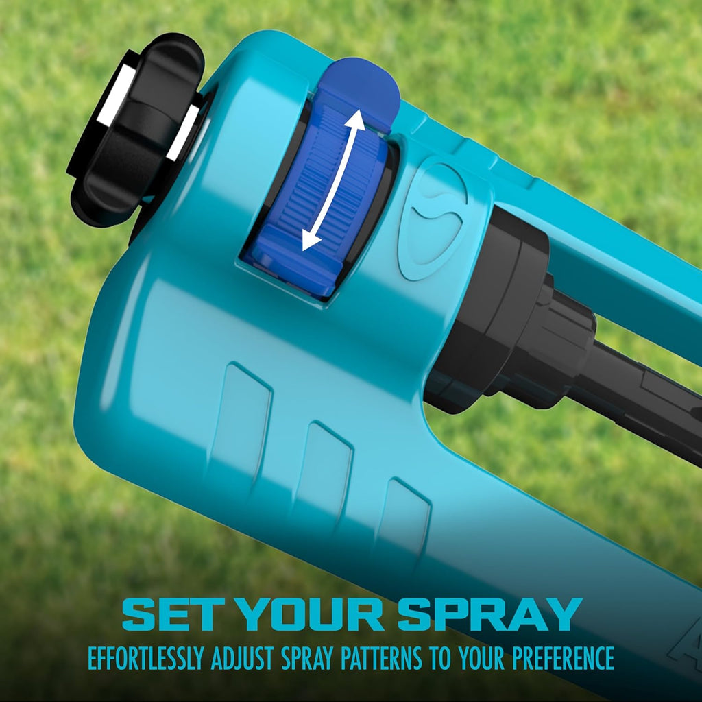 Aqua Joe Oscillating Sprinkler with Adjustable Spray, 16 Clog-Resistant Nozzles, Metal Base & 3600 Square Foot