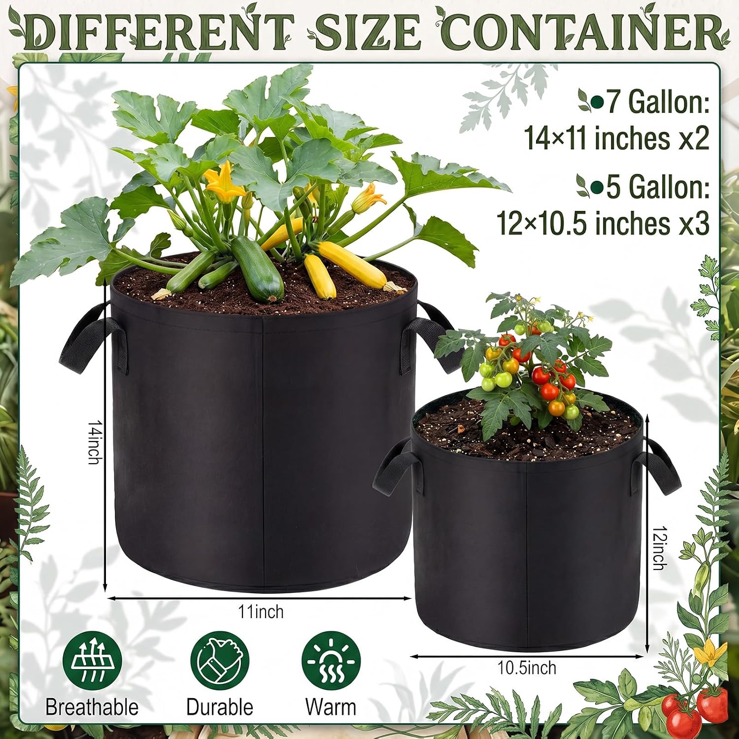Gilprop [Upgraded Double Layer Grow Bags with Water-Resistant Lining (3x5Gal + 2x7Gal) Fabric Pots with Removable