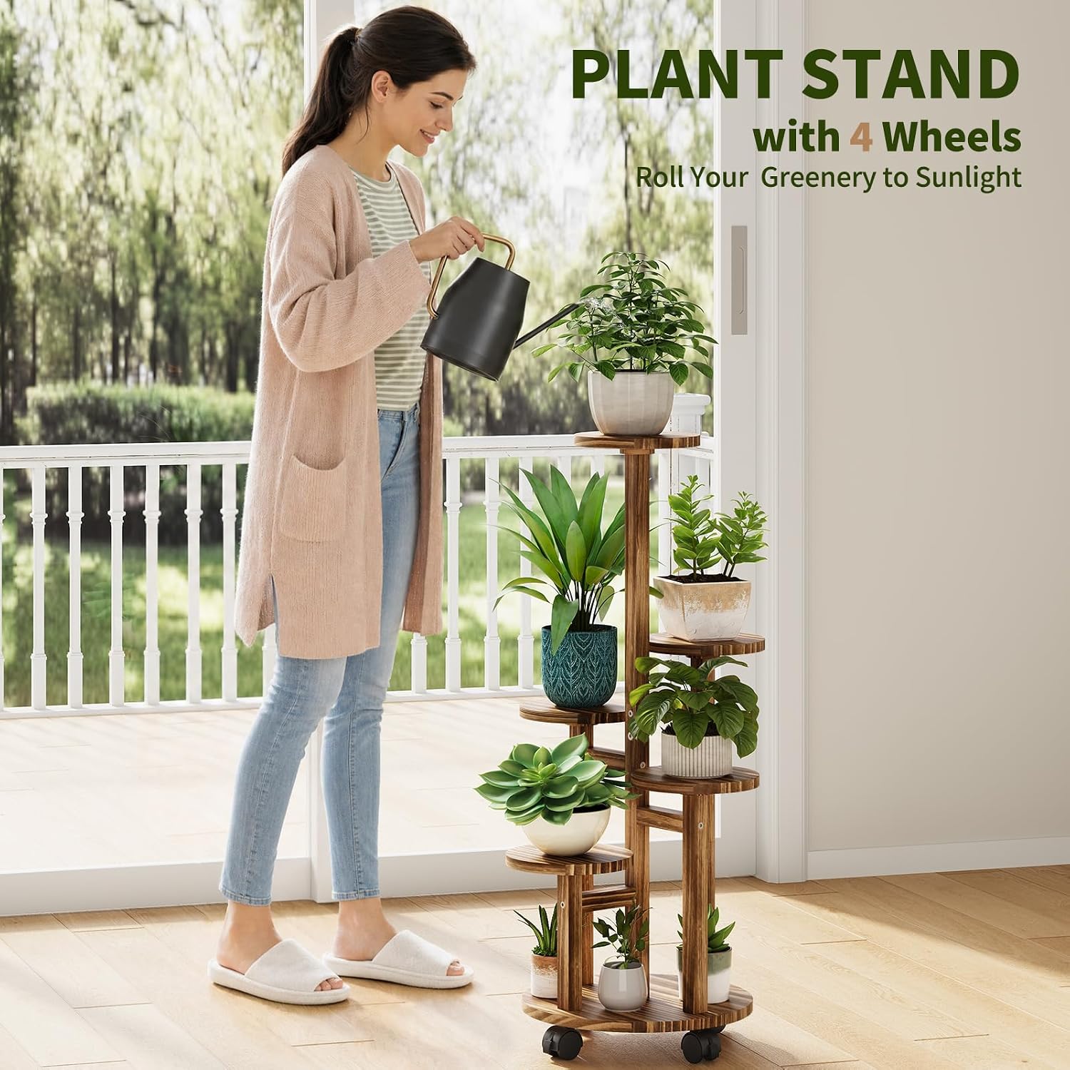 5 Tier Plant Stand - Wood Corner Plant Stand Indoor with 4 Wheels, Tall Plant Shelf for Multiple Pot Flower Stands