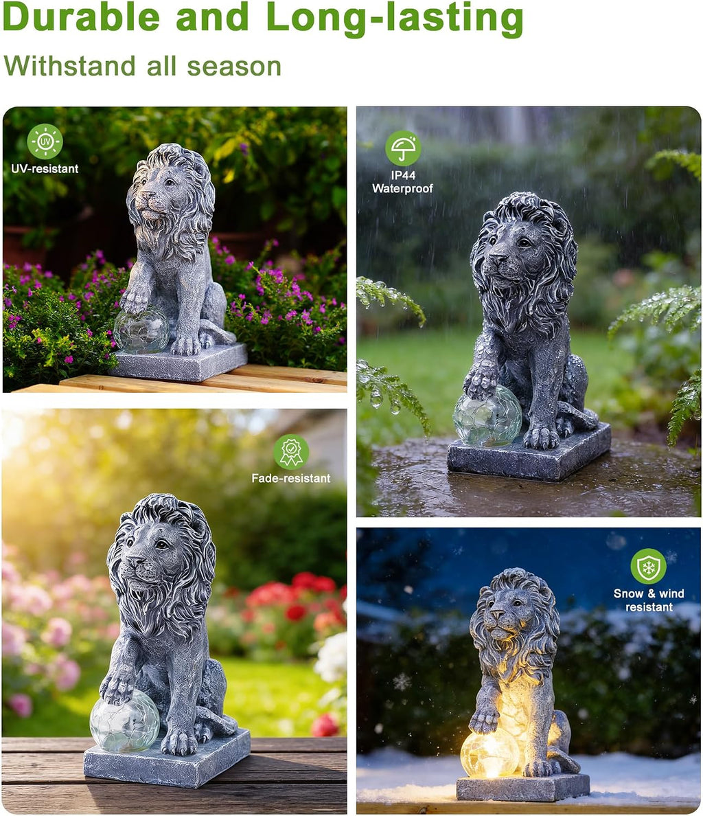 Guardian Lion Outdoor Statues for Garden with Solar Ball (Grey) | 9.45in IP65 Waterproof,Outside Decor, Yard Art Lawn