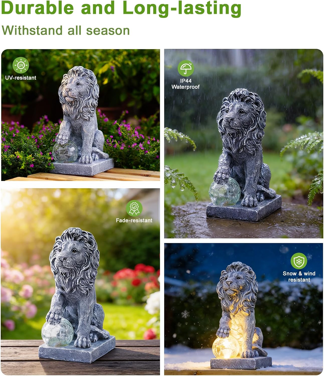 Guardian Lion Outdoor Statues for Garden with Solar Ball (Grey) | 9.45in IP65 Waterproof,Outside Decor, Yard Art Lawn