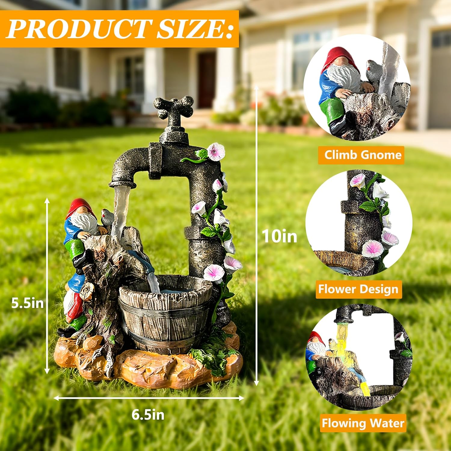 Solar Garden Gnomes Lights Outdoor Statues Yard Decorations Gifts for Mom | 10" Resin Fountain Figurine Lights,IP65