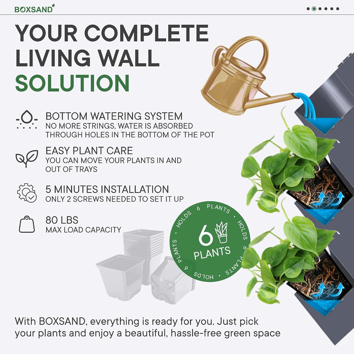 BOXSAND-6 (12"x26") Vertical Wall Planter – Living Wall for 6 Plants, Indoor/Outdoor Hanging Vertical Garden, Easy