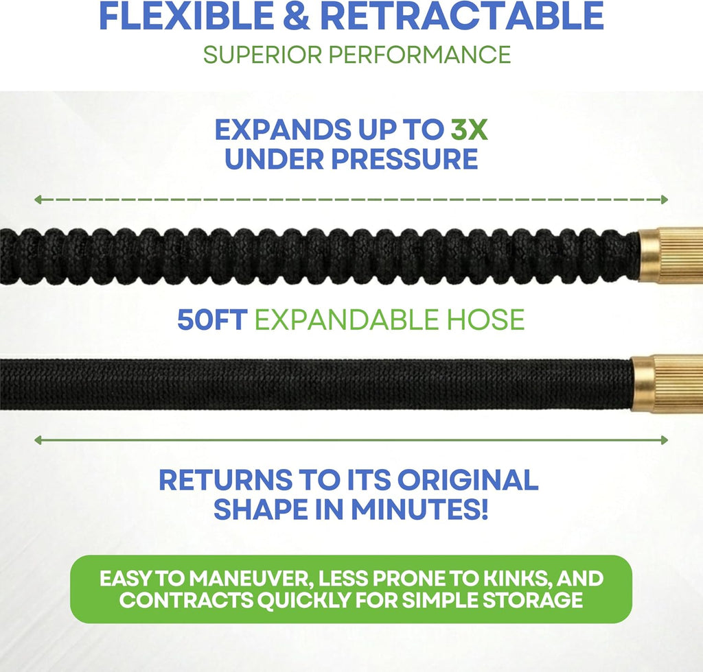 J&B XpandaHose 50ft Expandable Garden Hose, Lightweight, Brass Connectors | Ultra Strong 3750D fabric, 4-layer latex