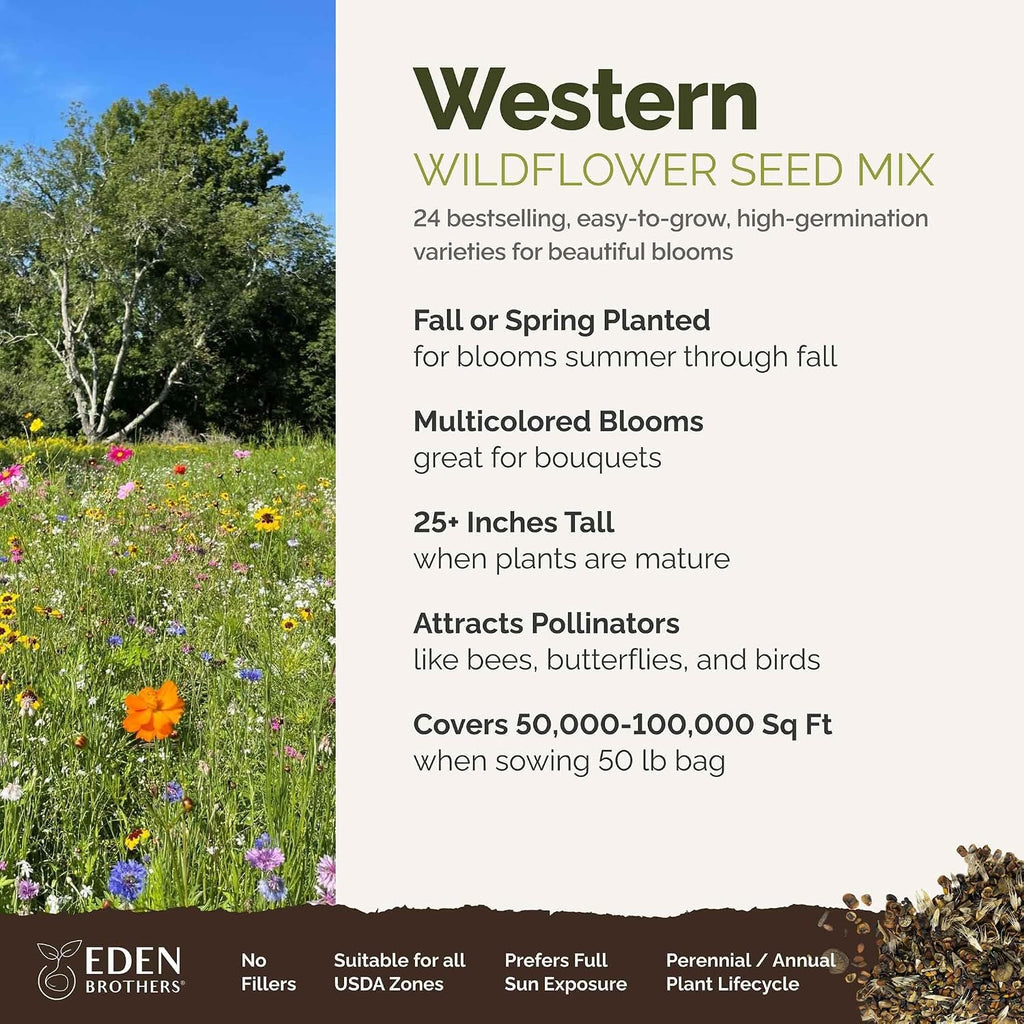 Eden Brothers Western Wildflower Mixed Seeds for Planting, 50 lb, 24,000,000+ Seeds with Cornflower, Blanket Flower