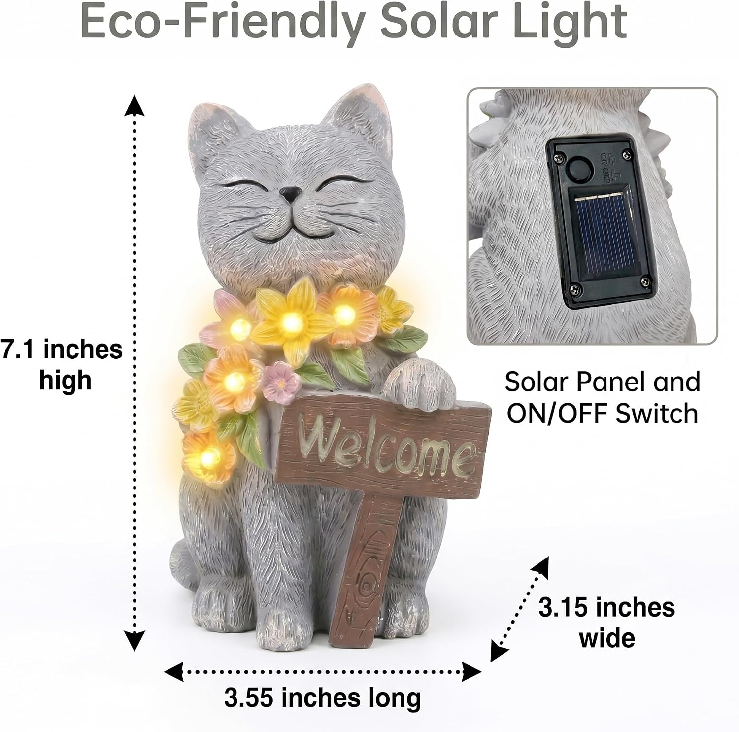 Solar Cat Garden Statue for Outdoor Decor, Cat Solar Light | Resin Welcome Cat with Flowers for Garden, Yard, Lawn