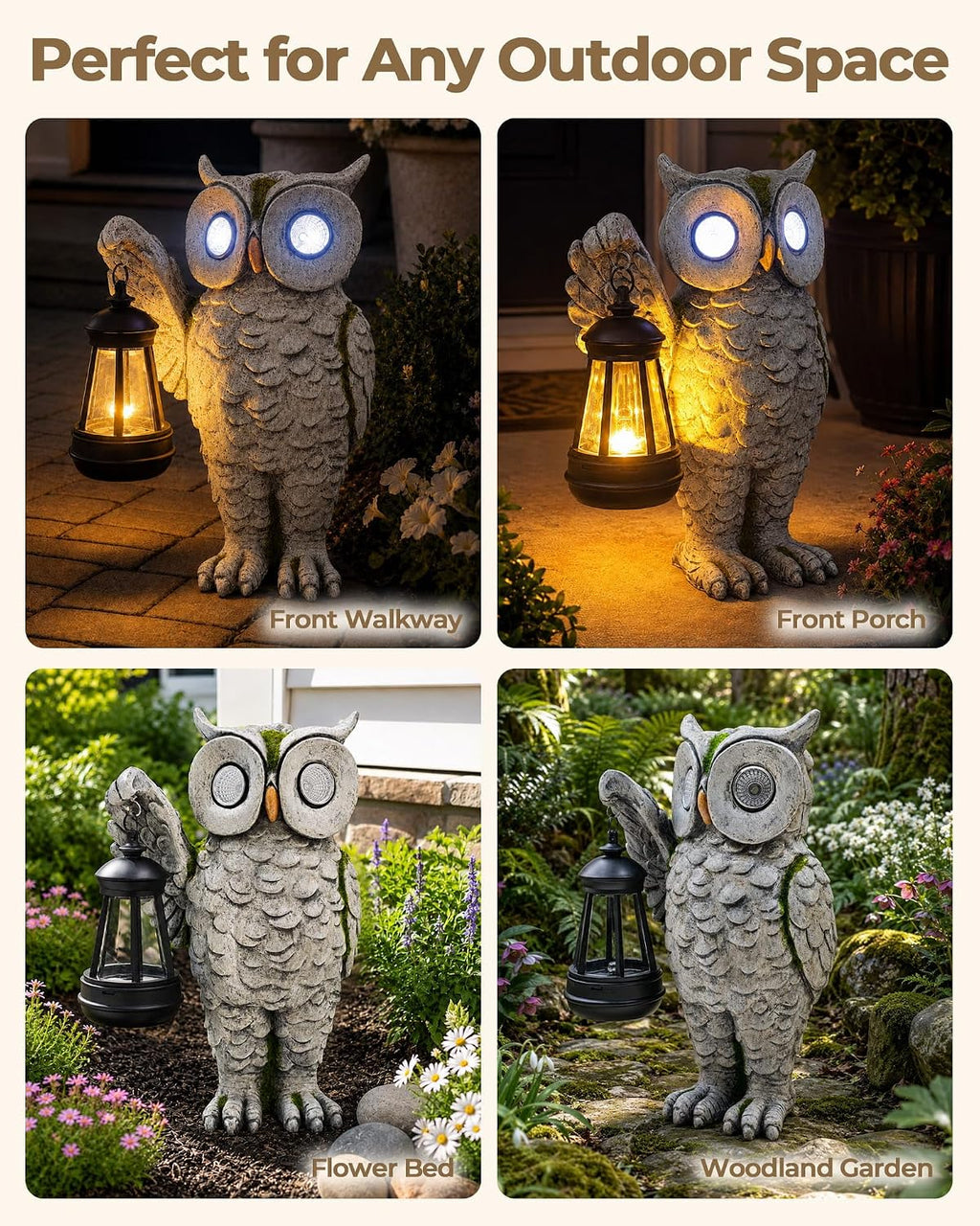 Solar Owl Garden Statue, Stone-Look Resin with Lantern | Glowing Eyes Auto Dusk Lighting Hand-Painted Finish