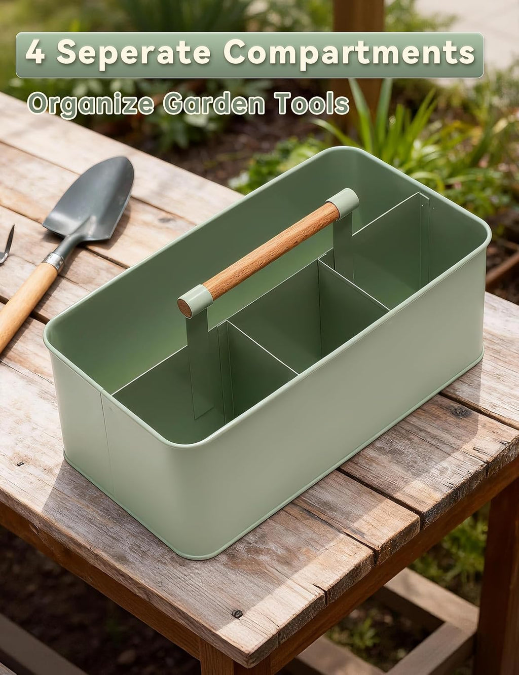 Gardening Tool Caddy, Wooden Handle and 4 Compartments | Metal Green Garden Tool Basket, Large Capacity Garden Caddy