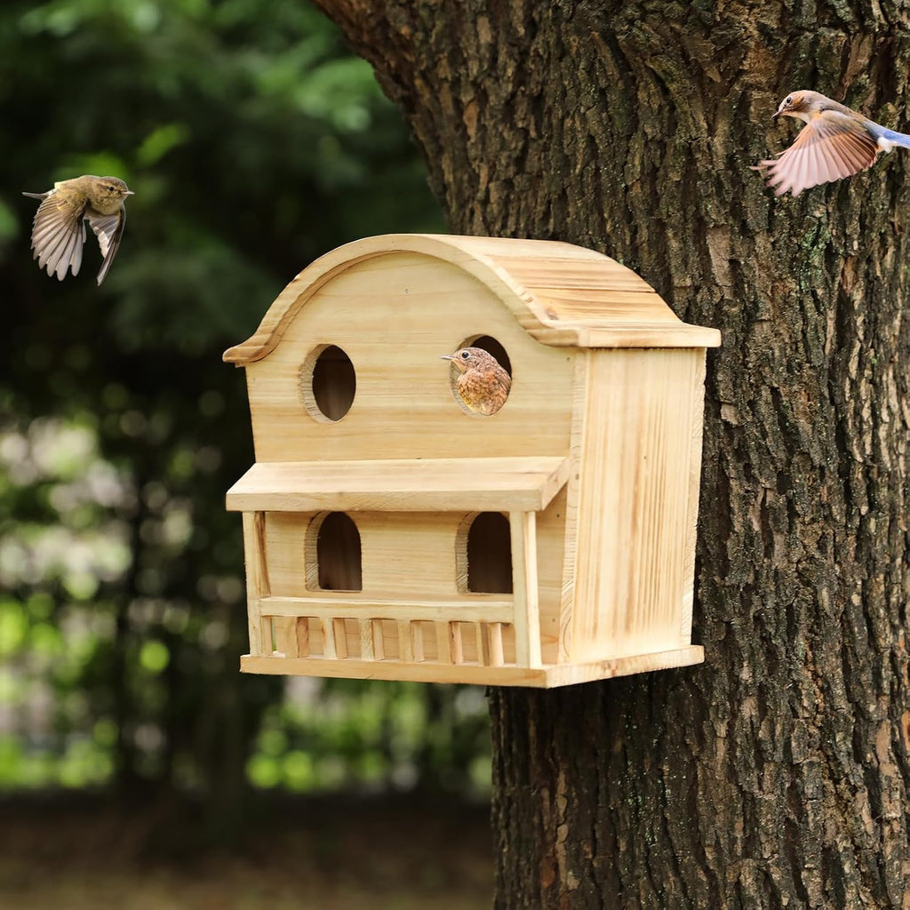 Bird Houses for Outside, 4 Hole Wooden Birdhouse for Outdoor Large Hanging Bird House Backyard Birding & Wildlife
