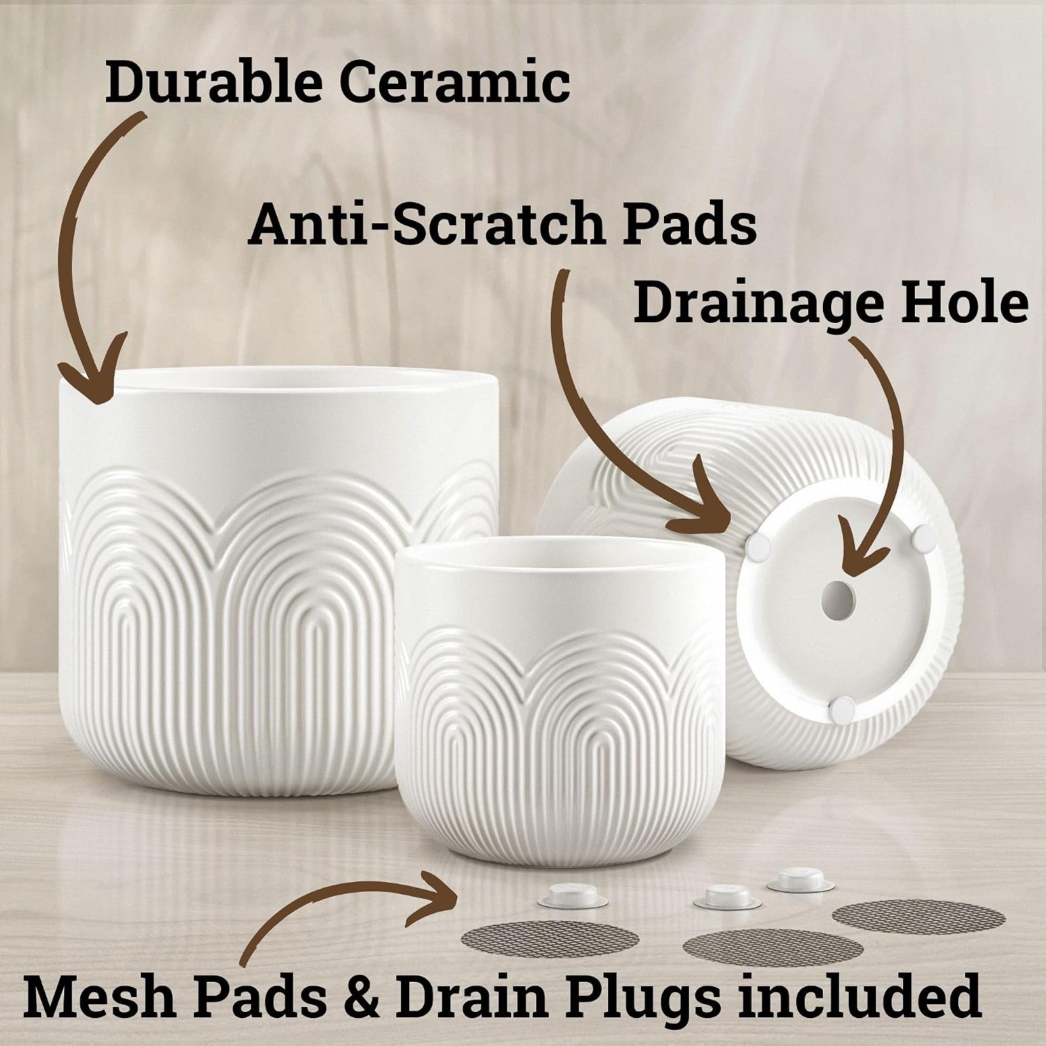 Ceramic Pots for Plants Set of 3, 6, 5, 4 Inch Diameter with Drainage Holes | Thick Durable Ceramic Pots, Plant Pots
