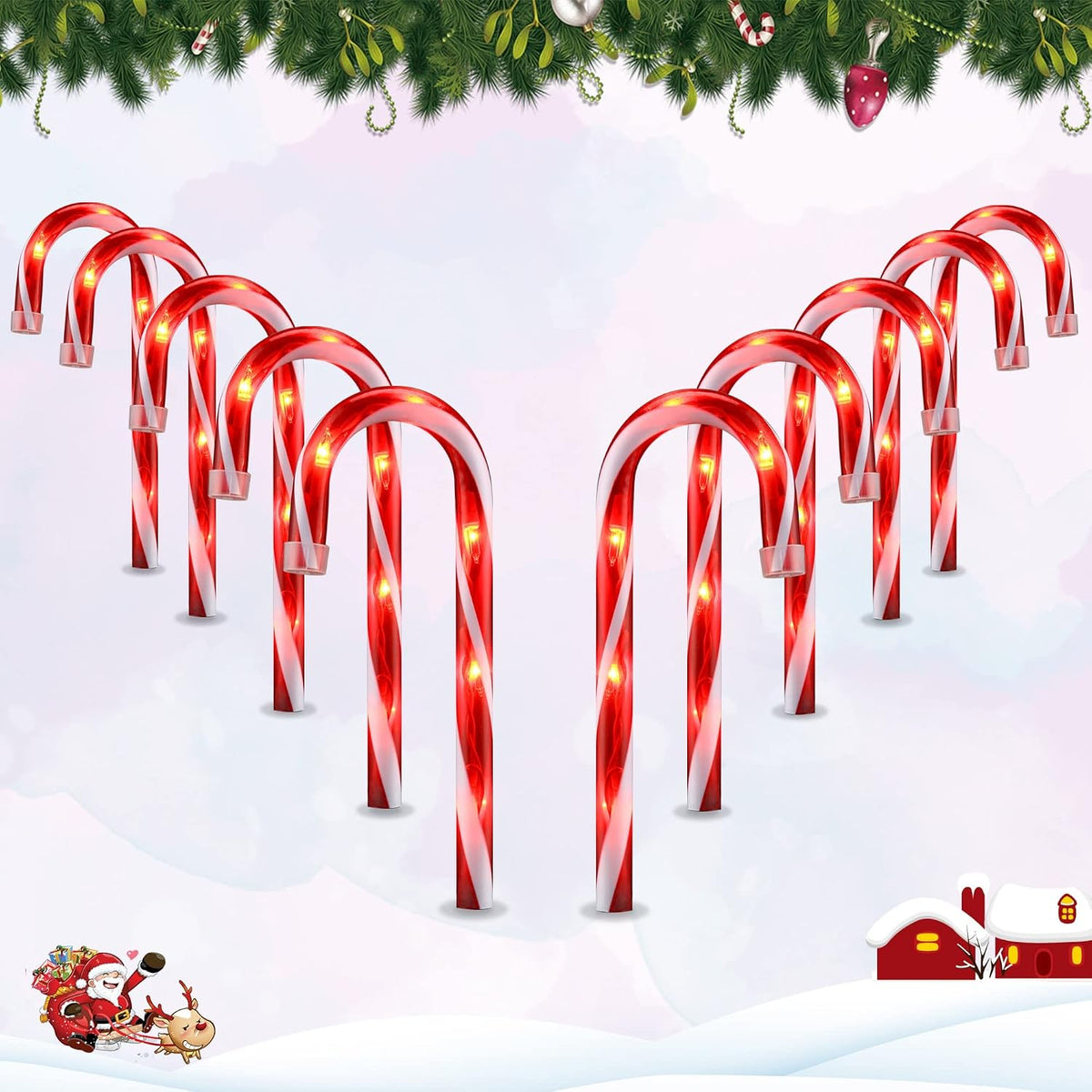10 Pack Candy Cane Pathway Lights, Light Up Outdoor Christmas Decoration